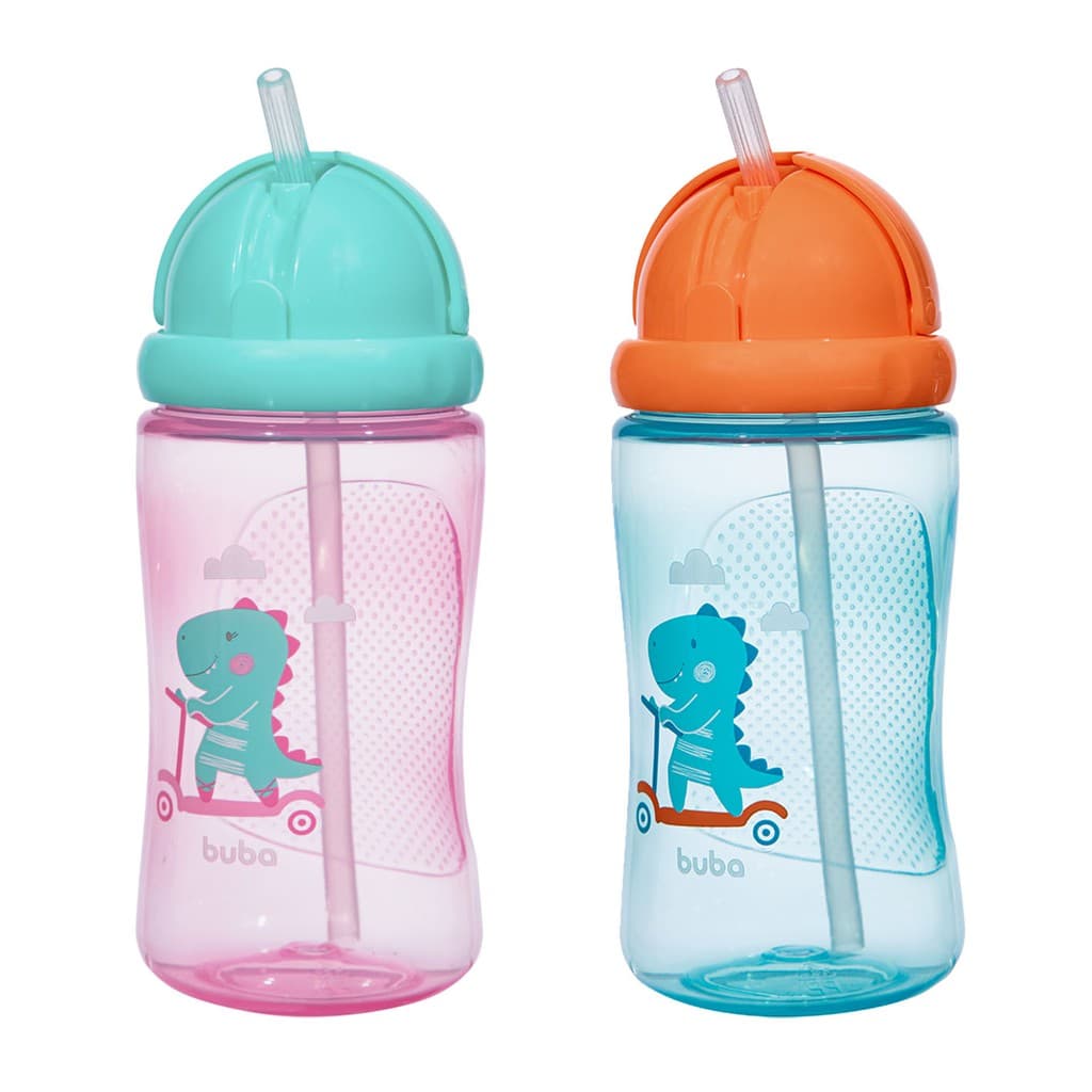 Garrafinha de Água Buba 400ml  Criança Bebê Canudo em Silicone Dinossauro