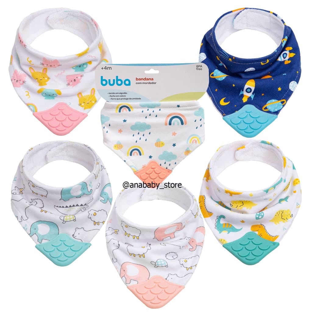 Bandana Buba Babador Com Mordedor Massageador Algodão Dentes Gengiva Mordedor Bebê
