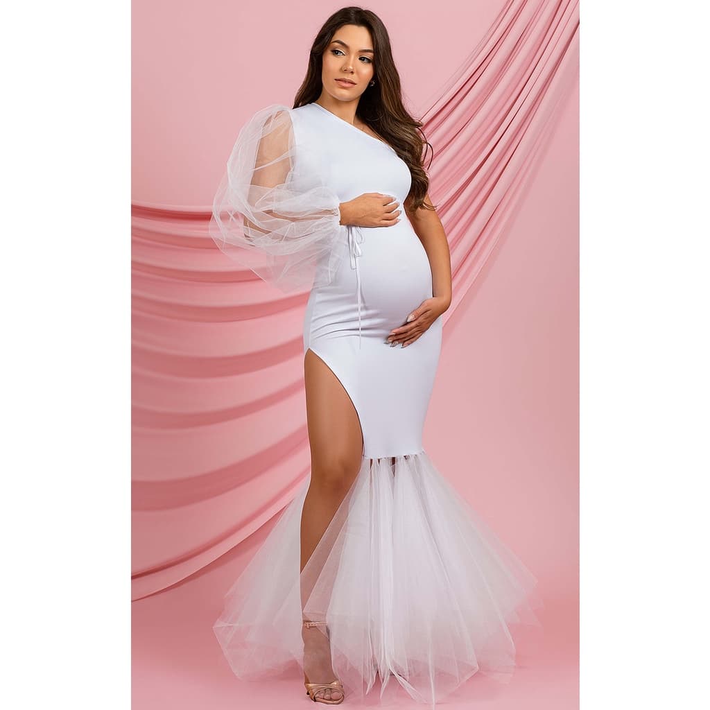Vestido Gestante Com Fenda Para Ensaio, Manga Em Tule G48