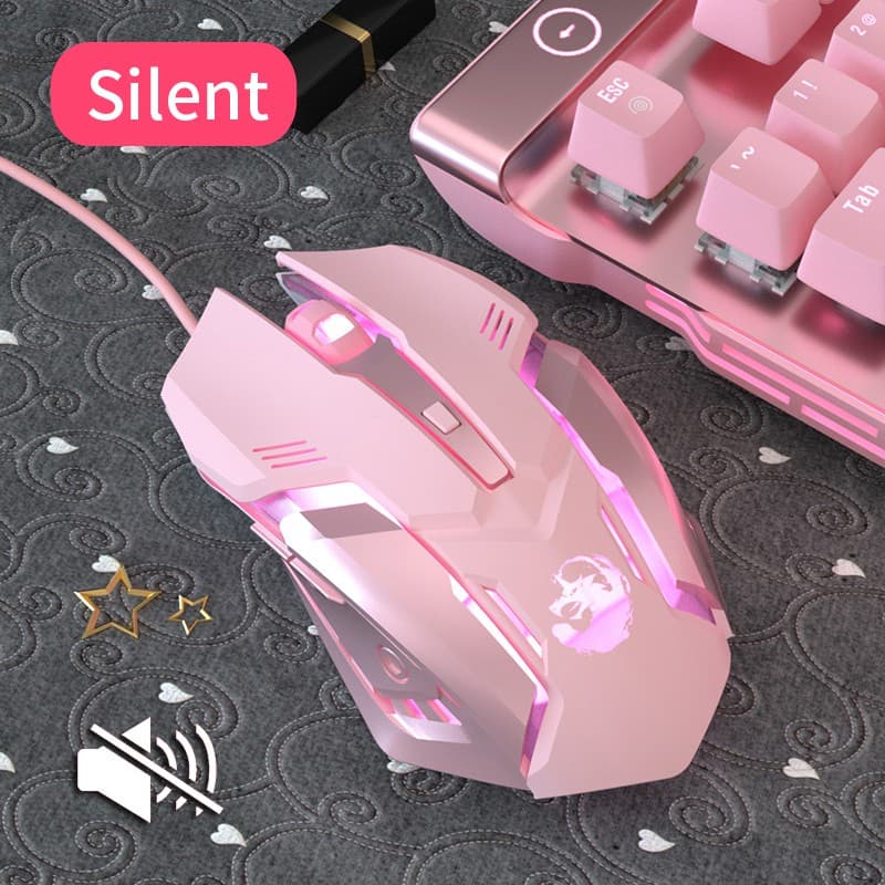 Mouse Gamer Feminino Rosa com fio Silencioso USB Mause Para Pc Laptop computador