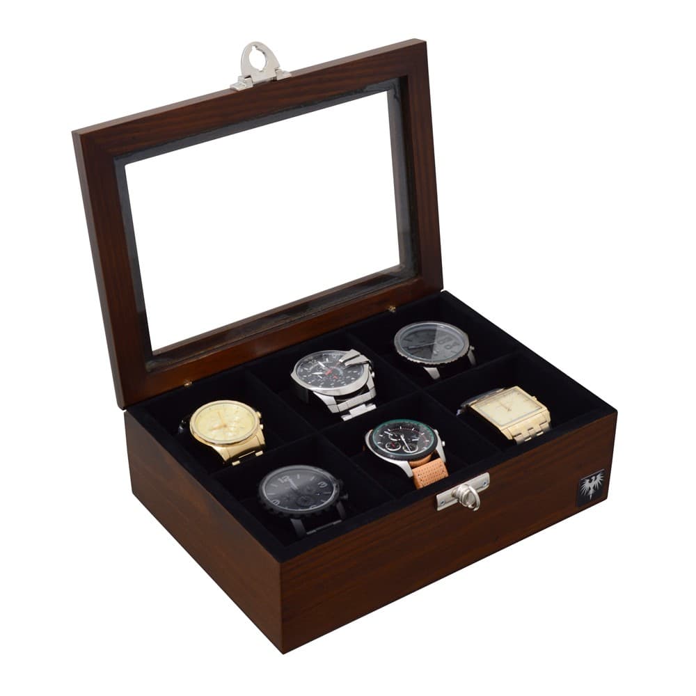Porta Relógio Total Luxo Estojo Madeira Maciça 6 Nichos