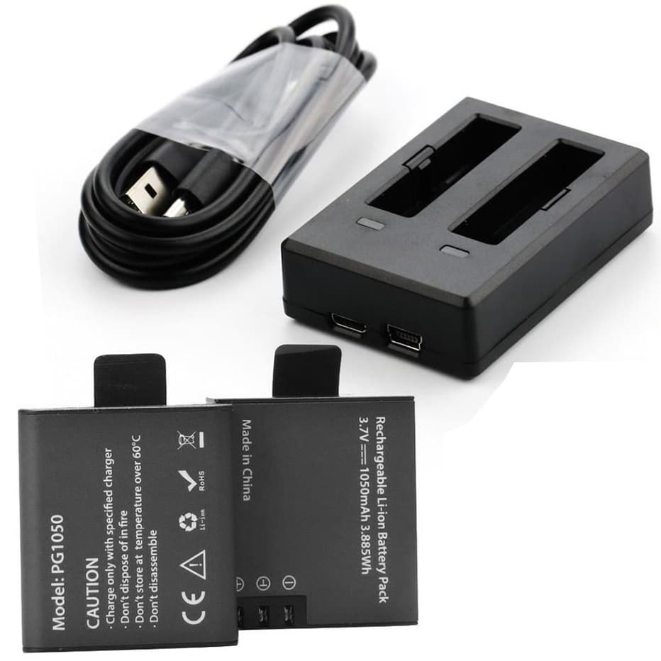 Kit Carregador Duplo Eken H9r + 02 Baterias Original PG1050 Li-Ion 1050mAh p/ Câmera H9RS M10 S60