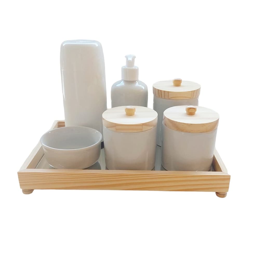 Kit Higiene Bebe Porcelana Branco Gelo 7 Peças Puxador Bandeja Retangular Espelhada com Pezinho Potes Molhadeira