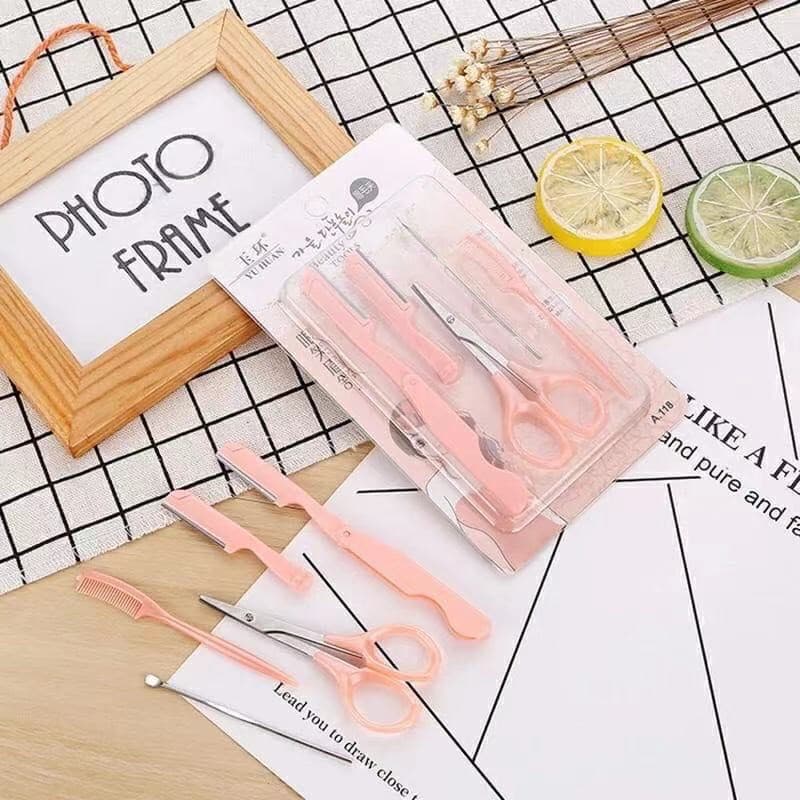 Kit Rosa 5 Peças de Sobrancelhas /Navalha/Tesoura