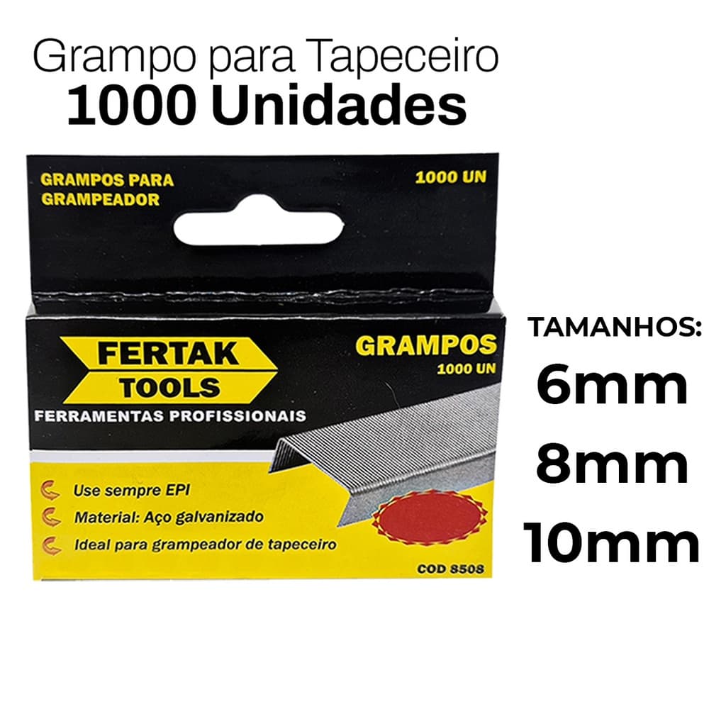 Grampo Grampeador Tapeceiro 6mm, 8mm, 10mm Grampo tipo U Profissional Caixa 1000 Unidades - Fertak