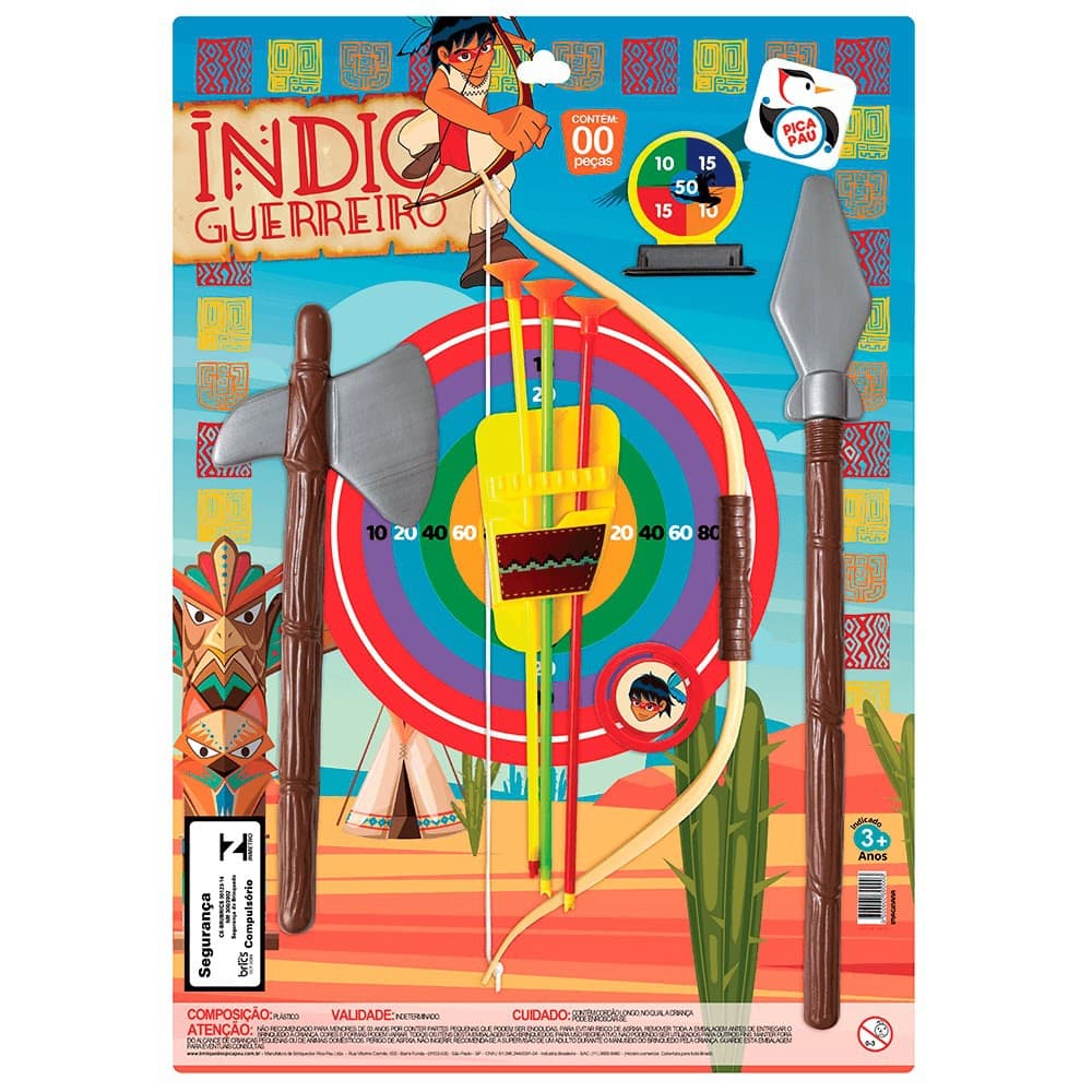 Índio Guerreiro Infantil Kit 9 Peças Arco e Flecha + Machado + Lança + Alvo e Broche