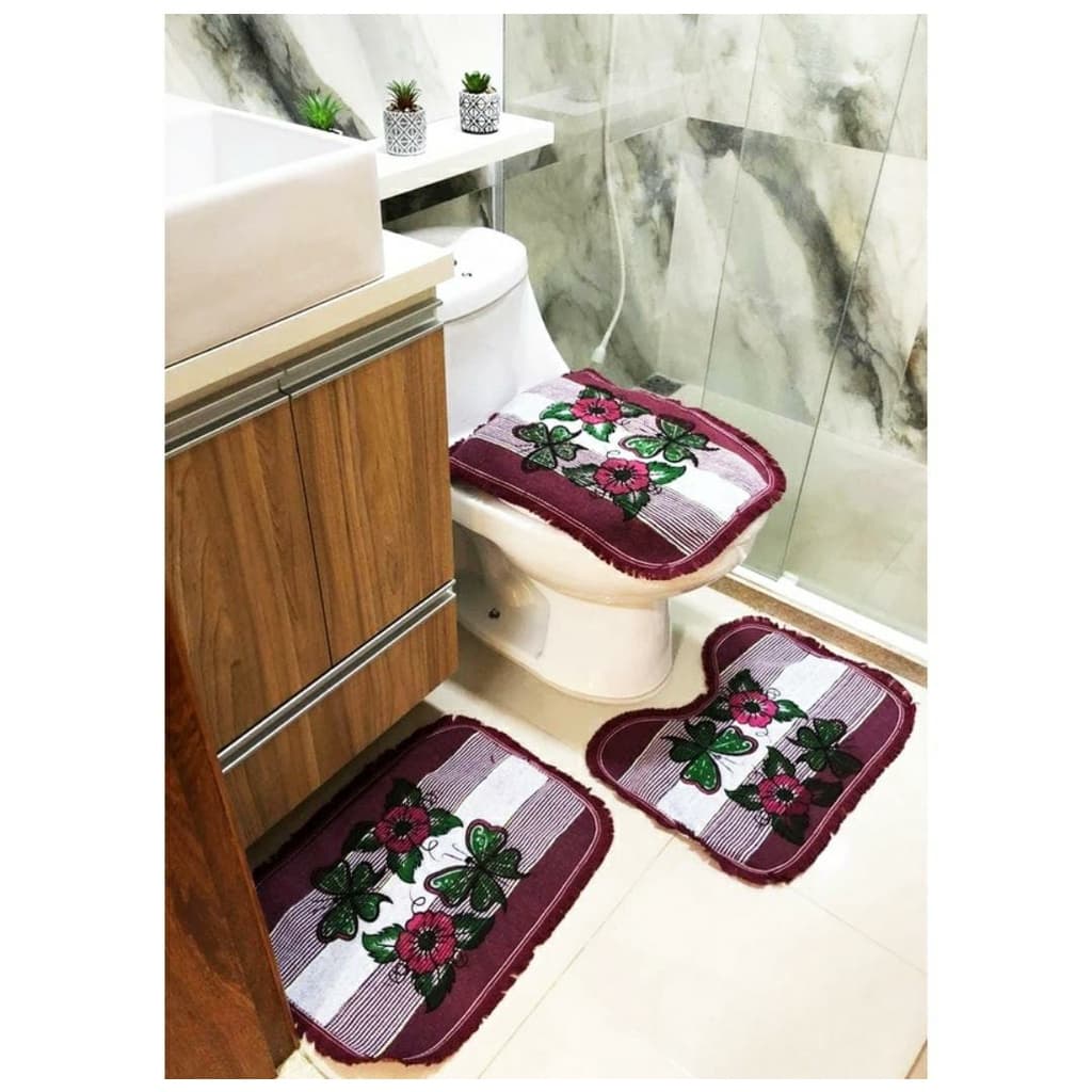 Jogo Tapete de Banheiro Estampado Kit com 3 Peças Cores e Estampas Variadas