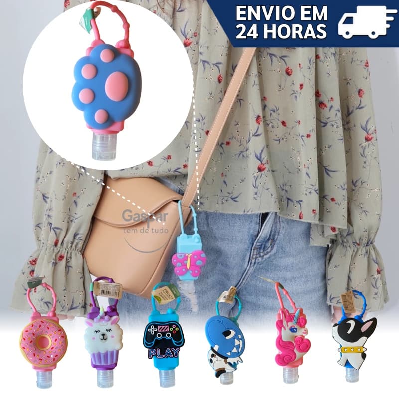 Porta Alcool em Gel Portátil Frasco Silicone Mochila c/ Capa (ESCOLHA!)