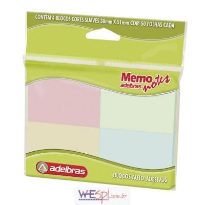Bloco Autoadesivo 38mm X 51mm (4 Blocos Pastel - 50 Folhas Cada) - Adelbras