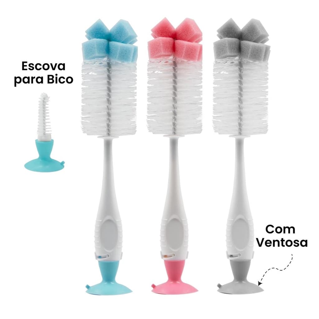 Escova para Lavar Mamadeira e Bico com Ventosa Bebê Limpeza Esponja Buba