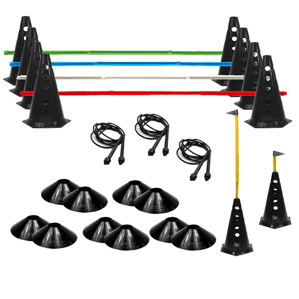 Kit Funcional - 10 Cones Furados C/ 5 Barreiras + 10 Pratos + 3 Corda De Pular