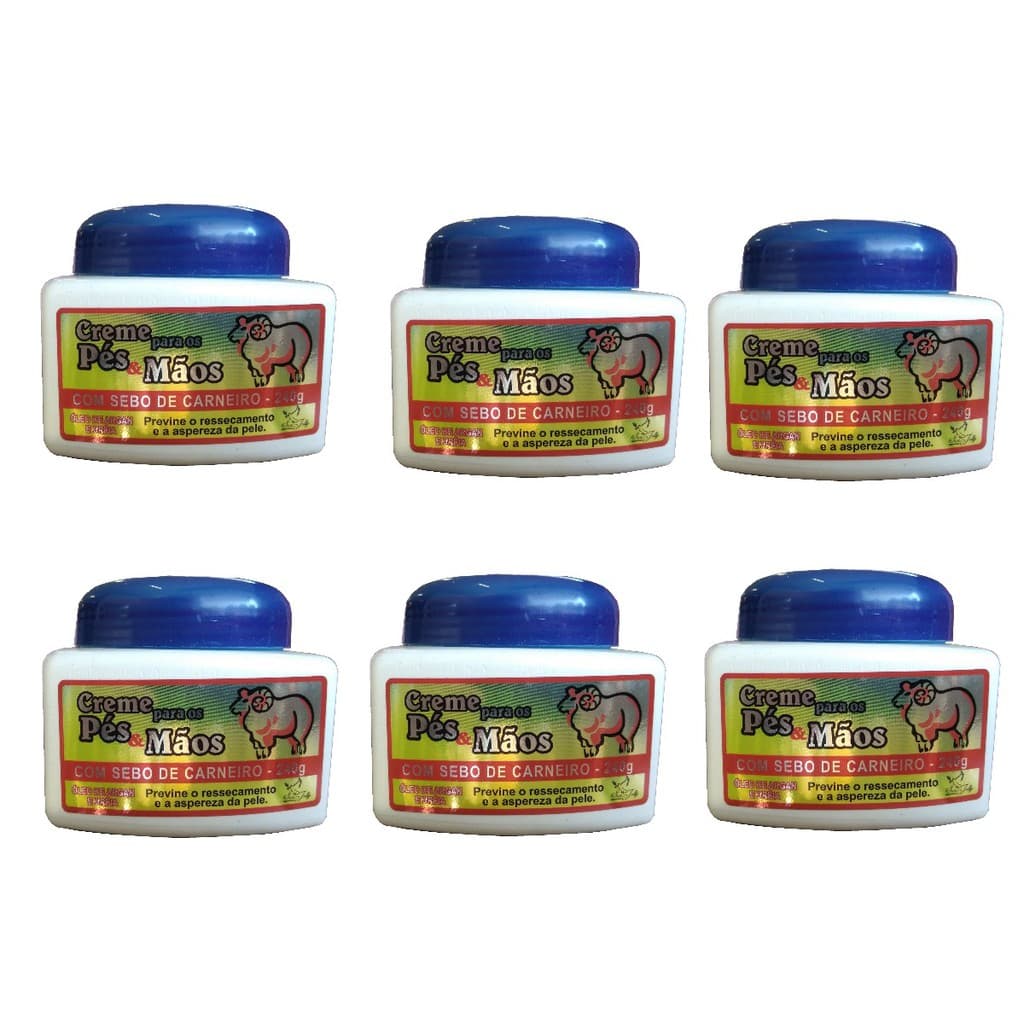 Kit 6 Creme Sebo De Carneiro Pés E Mãos Com Uréia Argan 240g San Jully