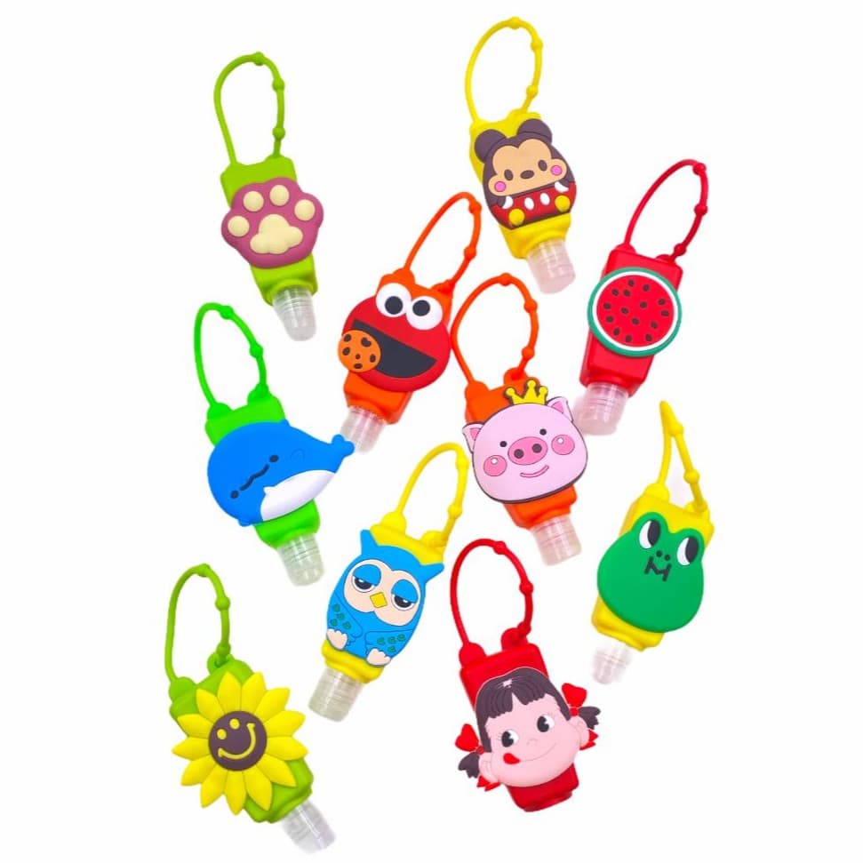 Kits com Frascos Porta Álcool Gel Mochila DESENHADO Chaveiro Silicone Personagens Variados