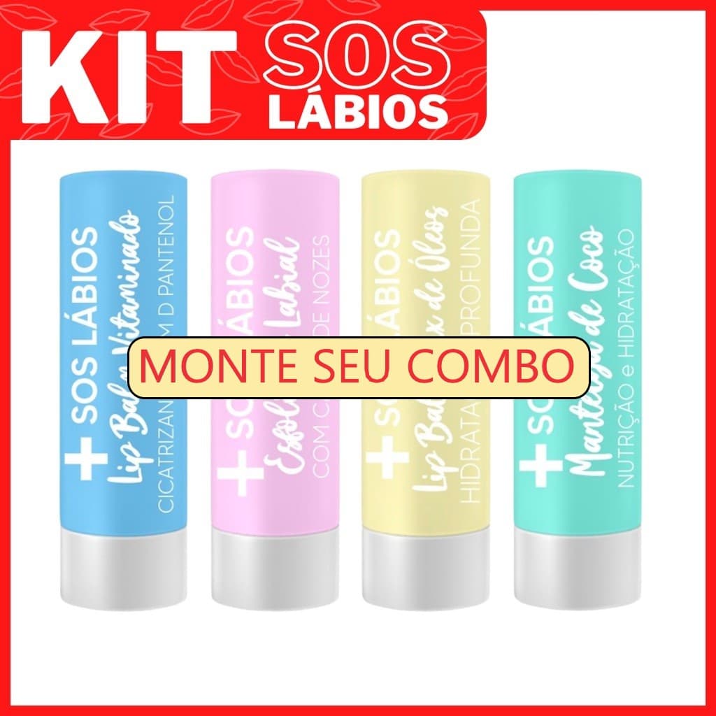 Kit com 4 Lip Balm - Mix Óleos - Manteiga Coco - Esfoliante Labial Casca Nozes - D-Pantenol