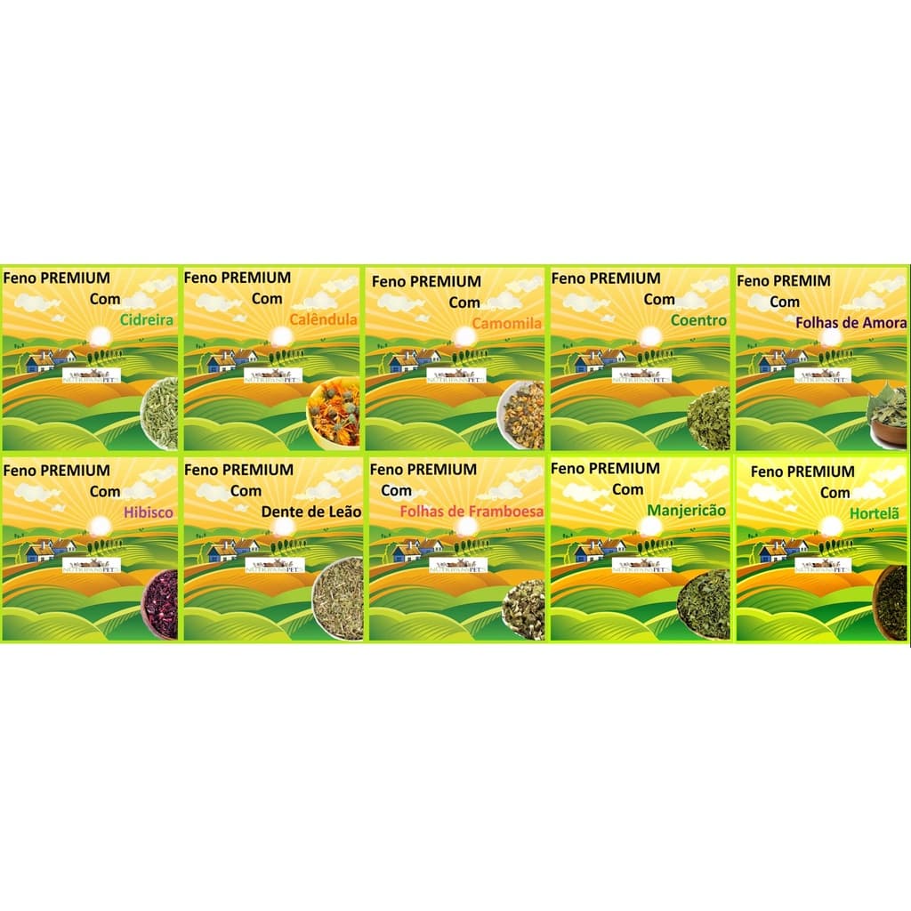 Kit Degustação 10 Sabores de Ervas Feno saborisado com ervas Manjericao Framboesa Amora Cidreira Hibisco Camomila Hortela Calendula Dente de Leao Coentro
