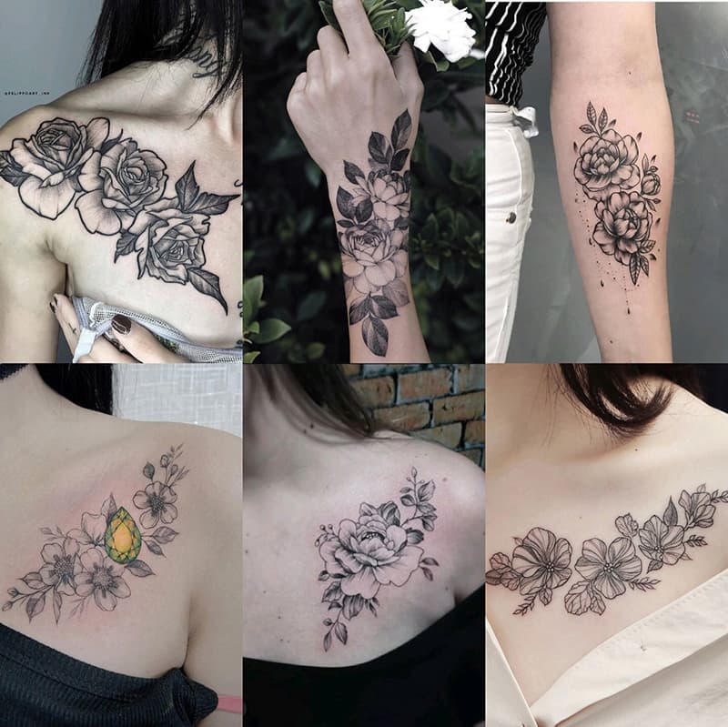12pçs Adesivos De Tatuagem De Flores , Braço , Peito , Temporária À Prova D'água Falsa