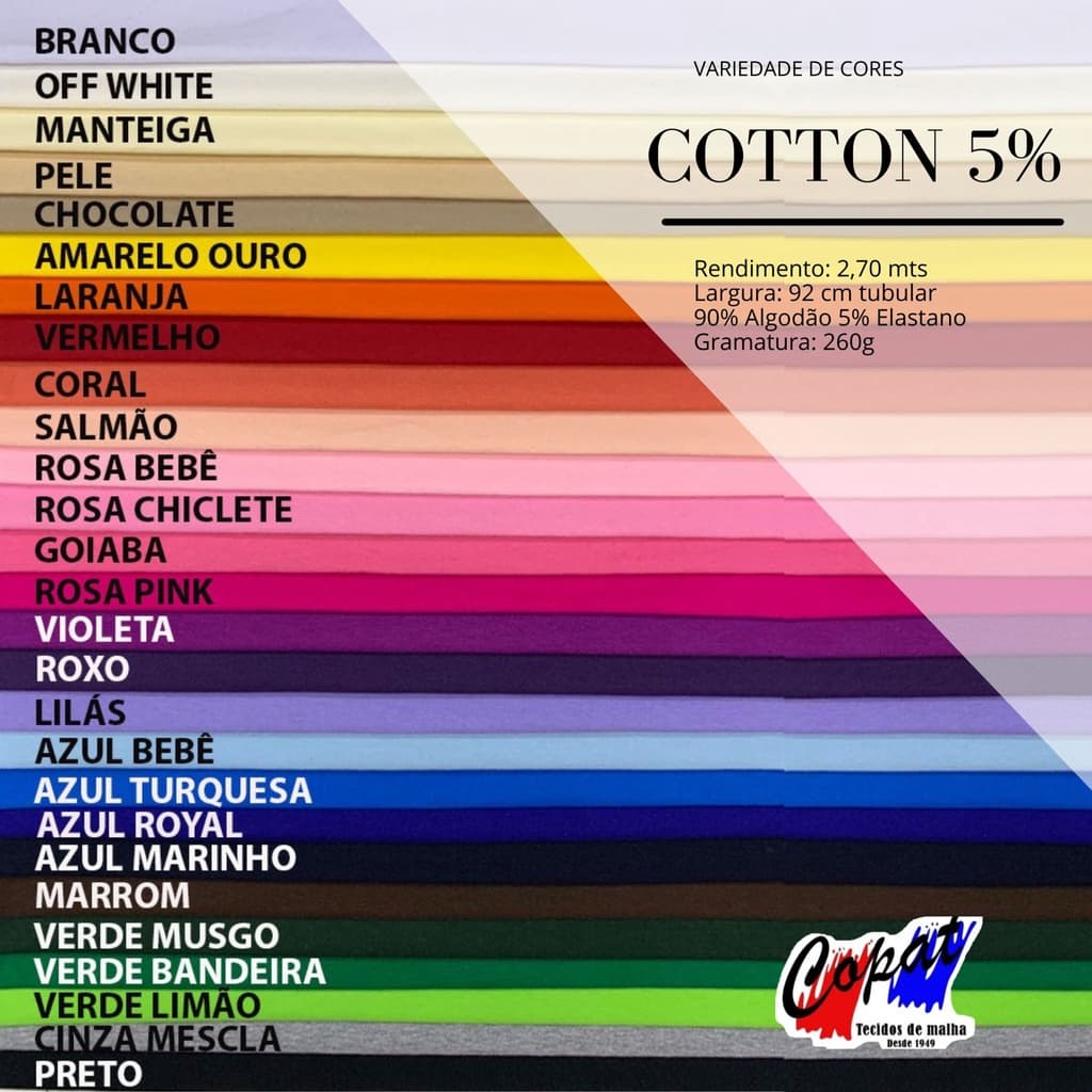 Tecido de Malha Cotton 5% 1 METRO - VARIAS CORES DISPONIVEIS