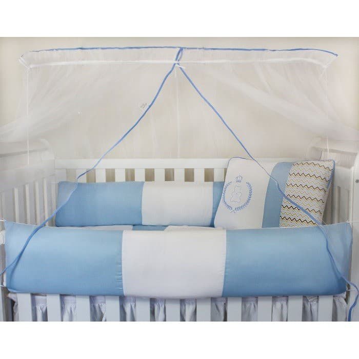 Kit Protetor de Berço Kids com Mosquiteiro Comum 7 peças Ursinho Chevron Azul
