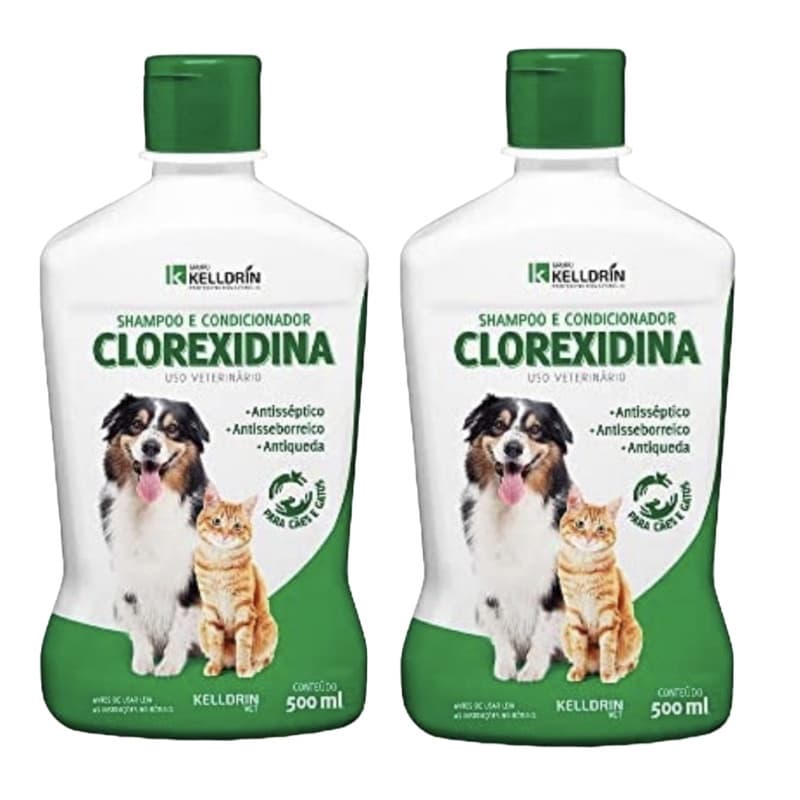 kit 2 unidades Shampoo 5 em 1 de Clorexidina Kelldrin P/ Cães E Gatos frasco com 500ml