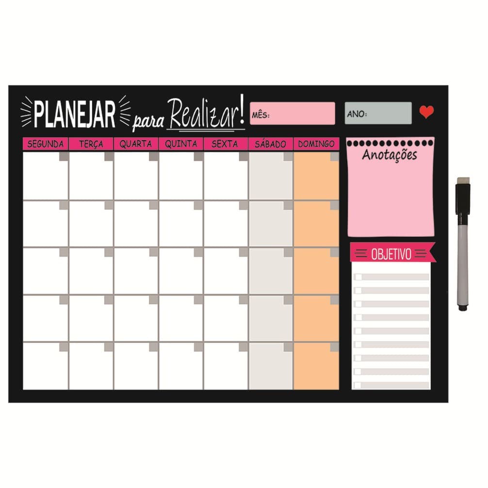 Quadro Planejador de Metal Mensal 29x40cm + Caneta