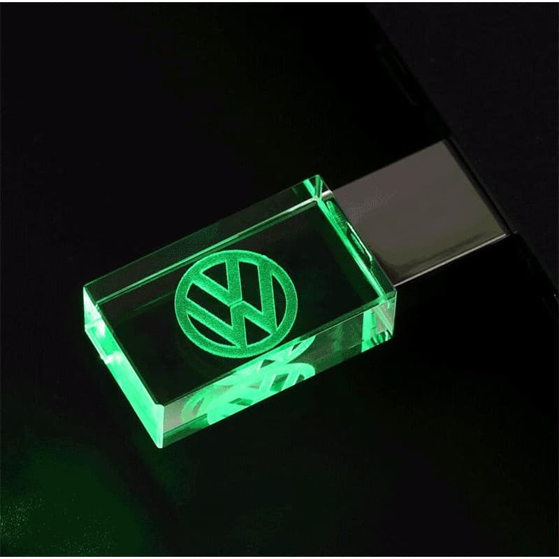 【 Ready Stock 】 Pendrive Iluminação Com Leds De Vidro Cristal VW Logotipo Do Carro Unidade Flash USB 8GB 16GB 32GB 64GB De Disco De Memória Pen Drive
