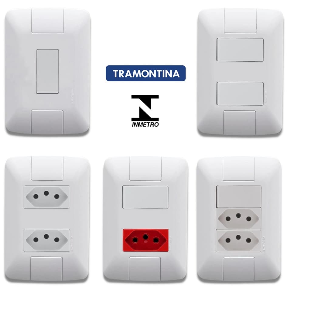 Conjunto interruptor simples , paralelo, tomada 10A, 20A, RJ45, RJ11 linha aria tramontina 4x2, 4X4