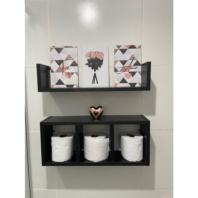 Conjunto Nicho + Prateleira 2 Peças para Decoração Banheiro Quarto Bebê Mdf Preto Branco