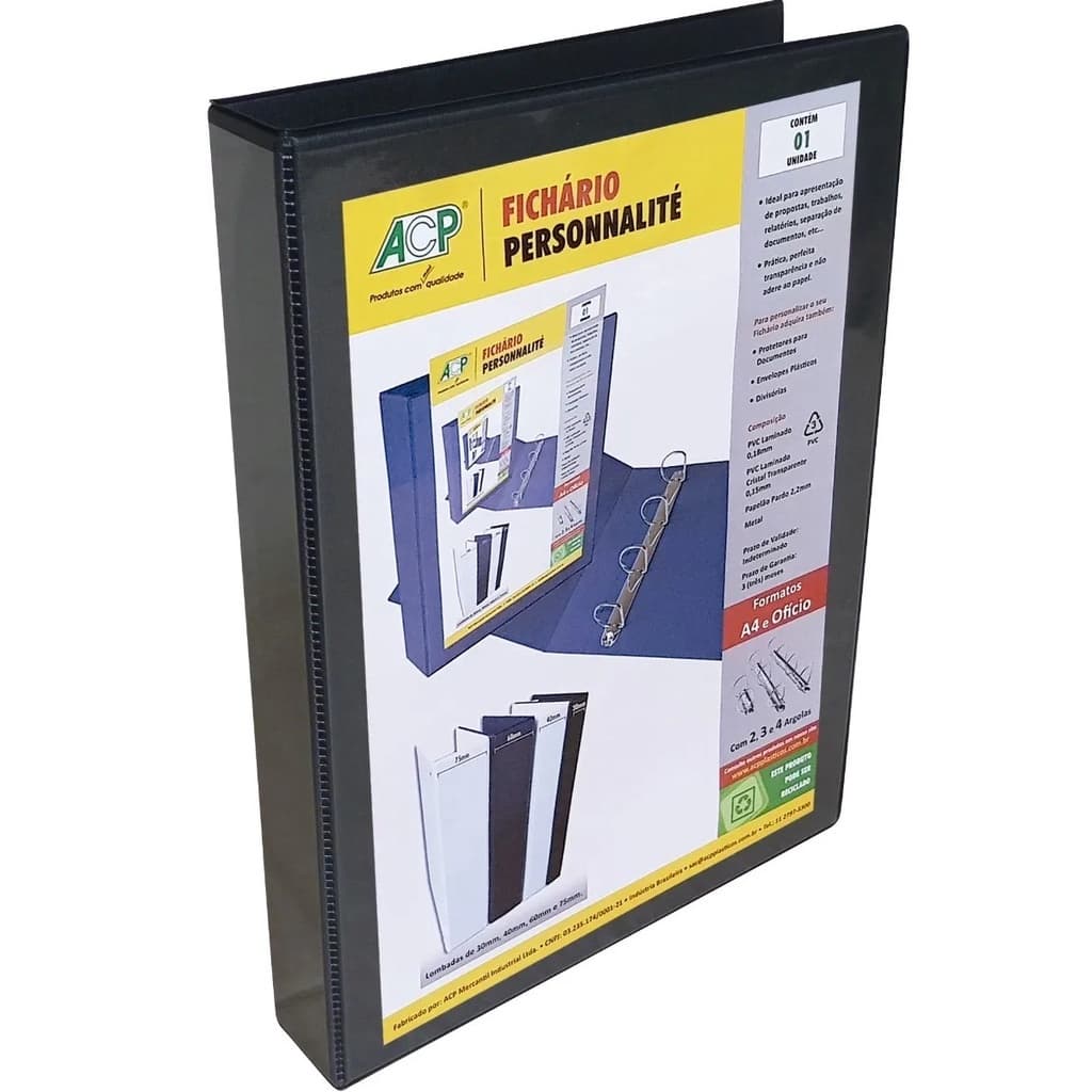 Pasta Fichário Personalizável A4 Preta C/4 Argolas