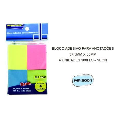 Bloco Nota Adesivo para Anotações Neon Colorido 37,5mm x 50mm - 4 unidades com 100 folhas cada bloco.