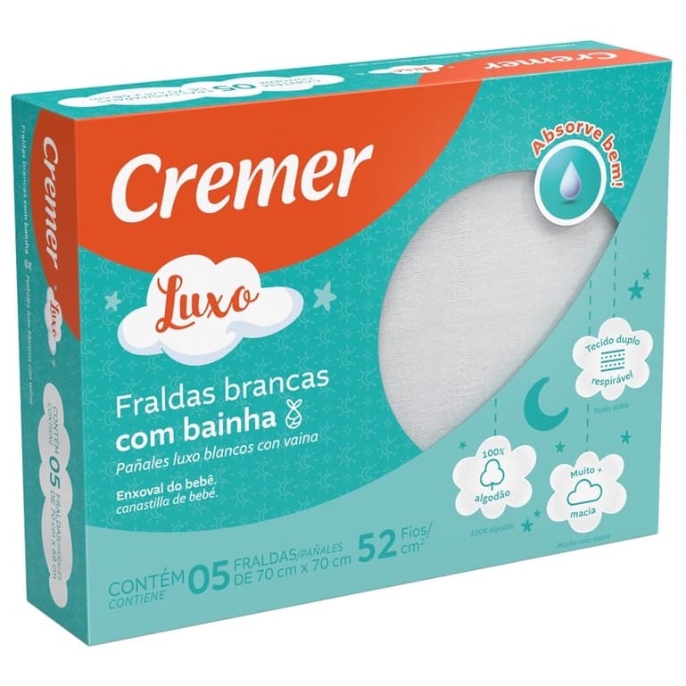 🍼 👶 Fralda De Pano Com Bainha Branca 100% Algodão Luxo Cremer