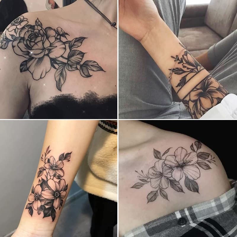 12 Pçs Flor Lisa Tatuagem Adesivos À Prova Dwaterproof Água Mulheres De Longa Duração Preto Escuro Clavícula Sexy Braço 