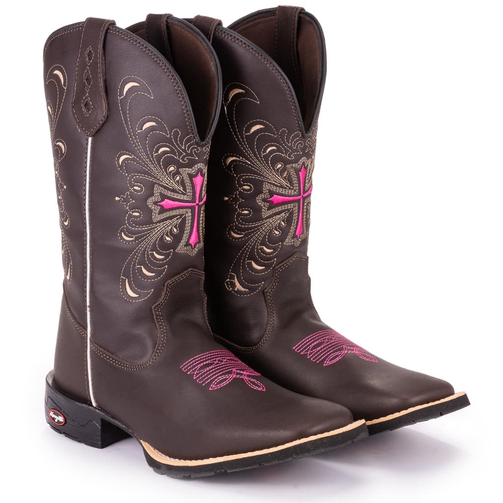 Bota Texana Feminina Country Bico Quadrado Em Couro Solado De Borracha Costurado Cruz Normal Rosa