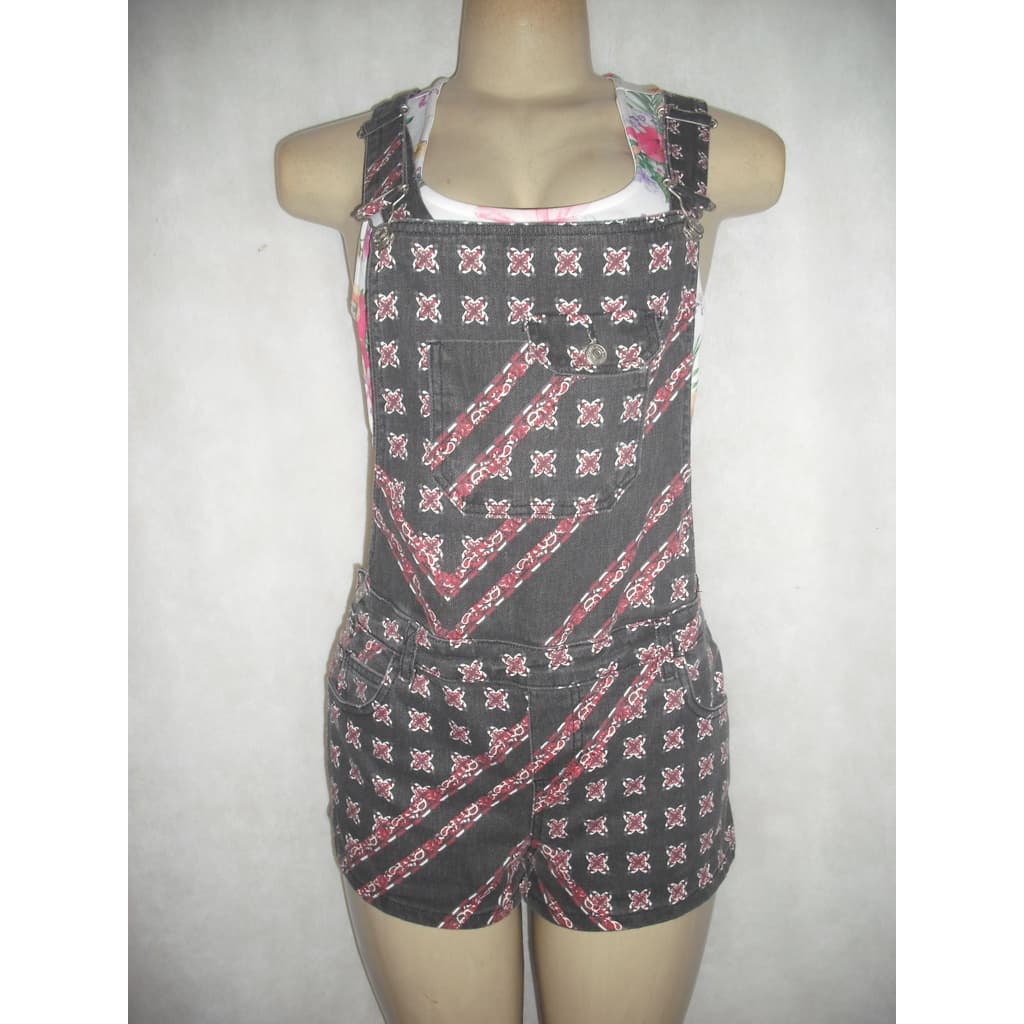 Jardineira Jeans Preta Colorida Macaquinho Blue Steel Tam M Algodão Usado Bom Estado