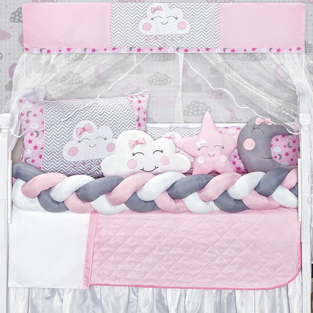 Kit Berço Trança Lua Nova Rosa Nuvem Menina 10 Peças Americano Especial Qualidade