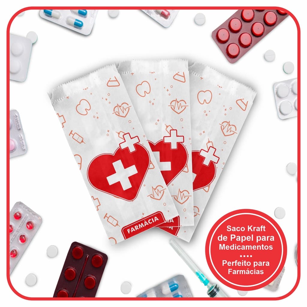 Saco para Farmácia, Remédios, Medicamentos - Saco de Papel Kraft Branco
