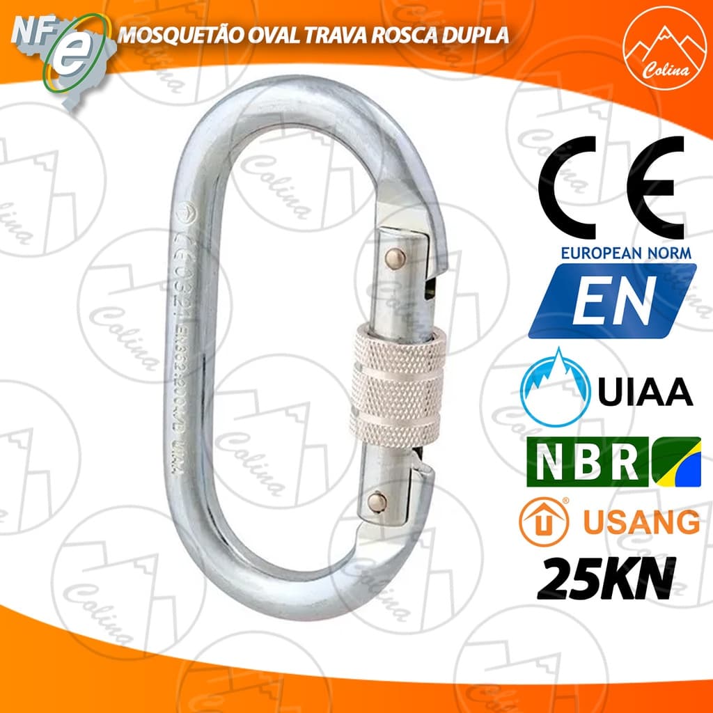 Mosquetão Oval Em Aço Trava Rosca Dupla 25kn Ce En Uiaa Nbr USANG