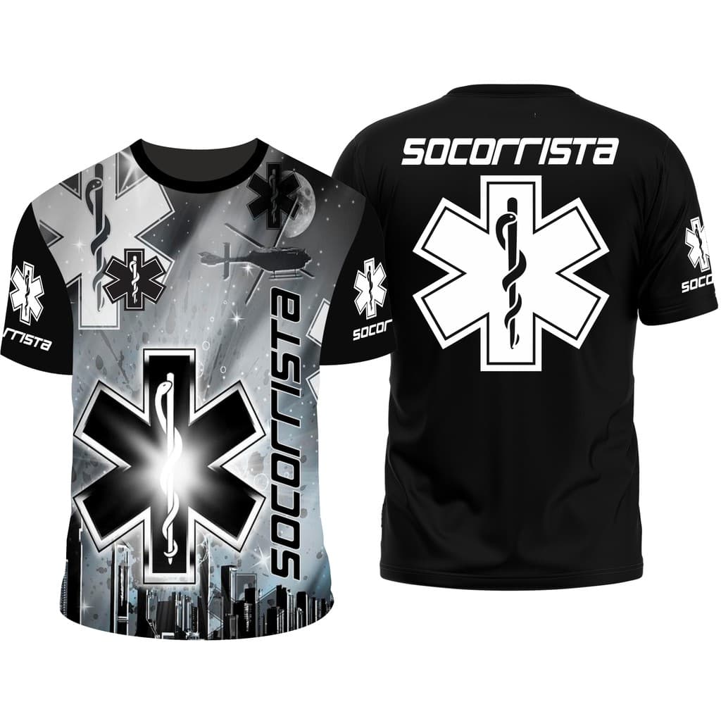 camiseta socorrista ,simbolo da vida ,personalizada na cor preta ,estampada.