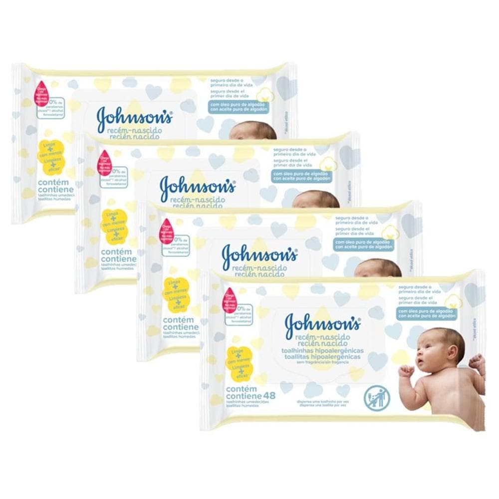 Kit com 4 Lenços Umedecidos Johnson's Baby Recém-Nascido Sem Fragrância com 48 unidades cada