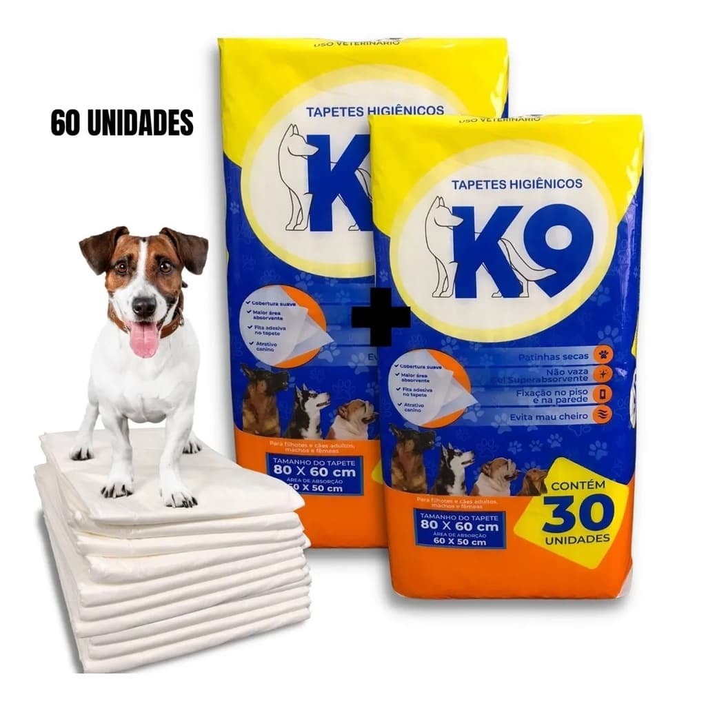 Tapete Higiênico K9 Pet Para Cães Gatos  2x30 Un 80x60 Cm Super absorvente, fita adesiva, sem mau cheiro