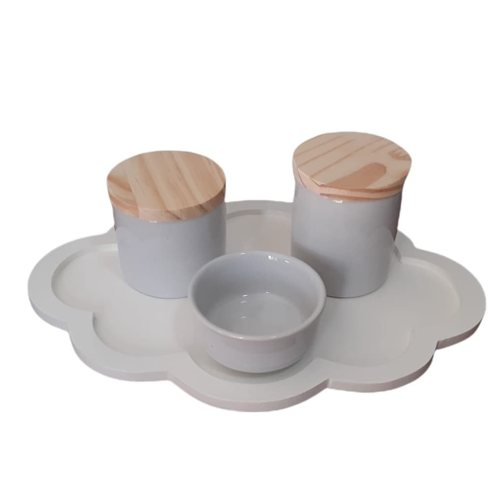 Kit Higiene Bebê Porcelana Nuvem Clean tampas de madeira 4 peças maternidade menina menino porta algodão cotonete