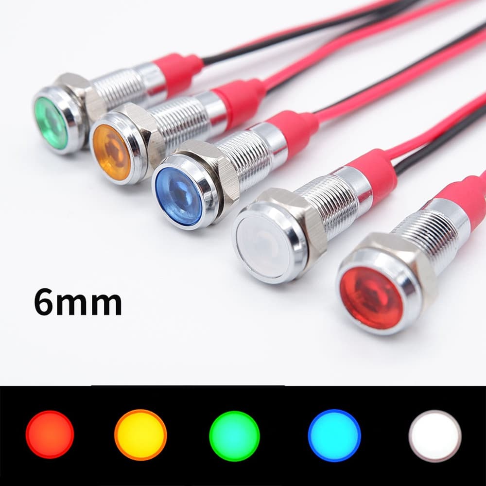 6mm Indicador De Metal Luz LED Aviso Lâmpada De Sinal De Piloto Interruptor 3V 5V 6V 12V 24V 220 Vermelho Laranja Azul Verde Branco Com Fio