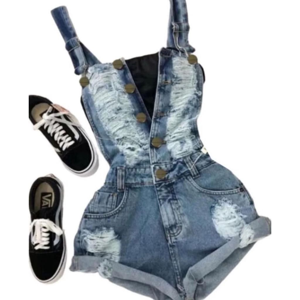 Jardineira Elly Macaquinho Jeans Feminino Pura Elegancia