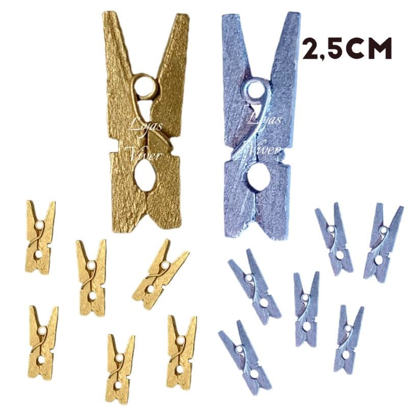 Mini Prendedor de Madeira Dourado / Prateado - 50 Unidades