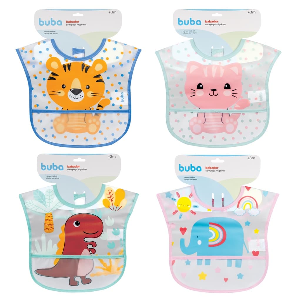 Babador Bebe Impermeável com Bolso Pega Cata Migalhas Menino Menina Buba