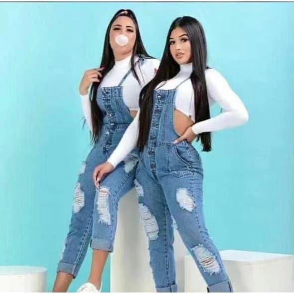 Macacão Calça Jeans Rasgado Jardineira Feminina Comprido