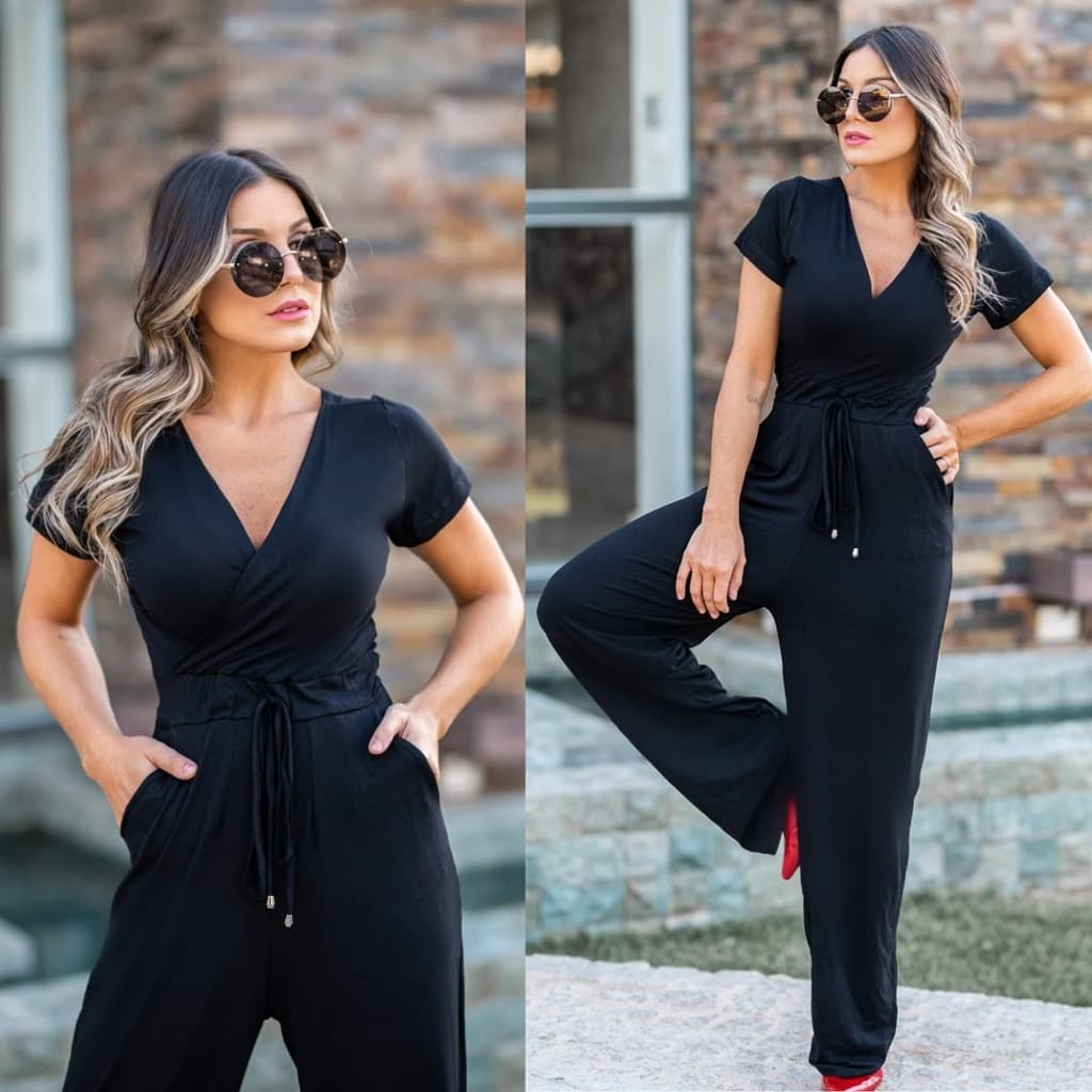 Macacão Social Feminino Longo Manga Curta Transpassado Com Decote Discreto Moda da Feminina  Casual