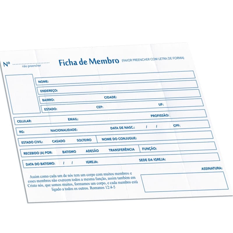 Ficha de Membro da Igreja  20x14 cm papel  115g neutro
