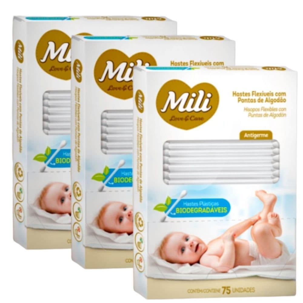 Cotonete Hastes Flexiveis 3 caixas c/ 75 unidades Biodegradável - MILI   (total: 225 hastes)