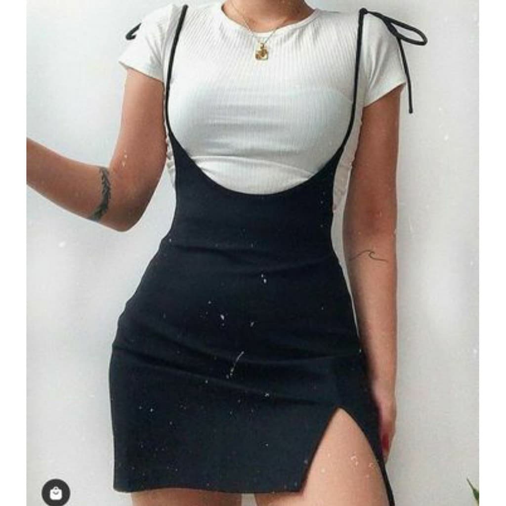 Jardineira Salopete Malha Canelada Feminina Fenda Saia