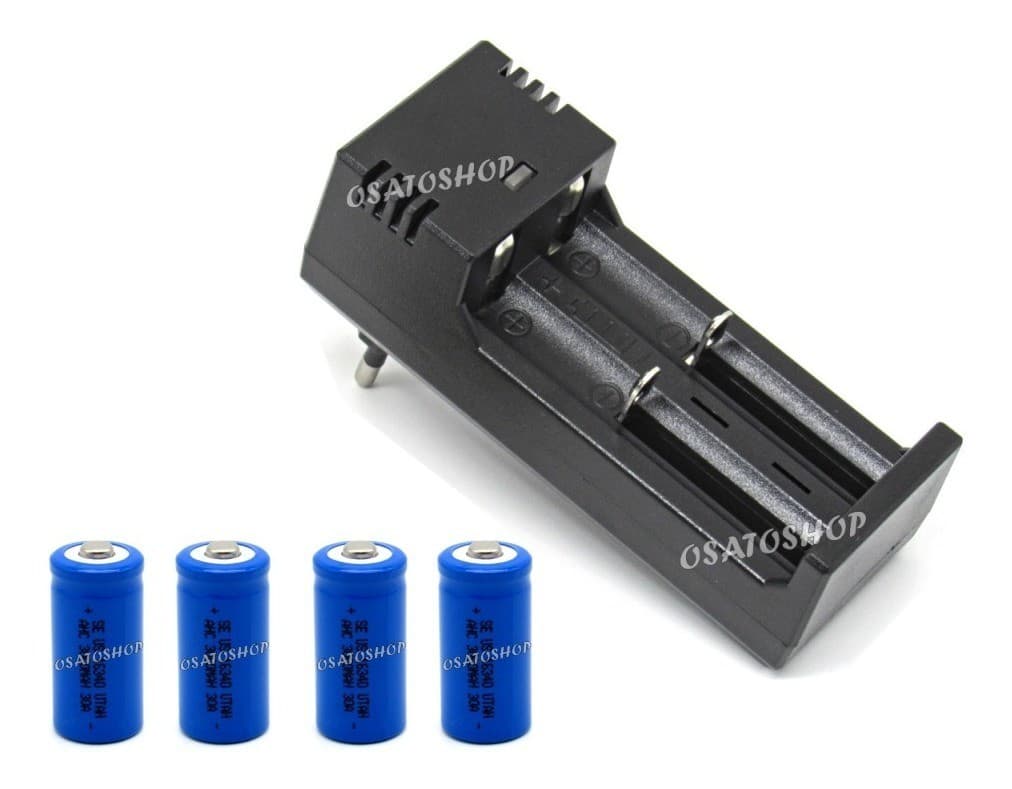 Carregador Duplo + 4 Baterias Gold 16340 Cr123a Recarregável